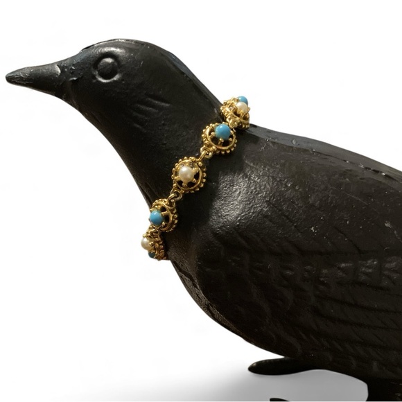 Vintage Goldette Bracelet 7” Blue Stone and Pearl Bracelet - Picture 2 of 8